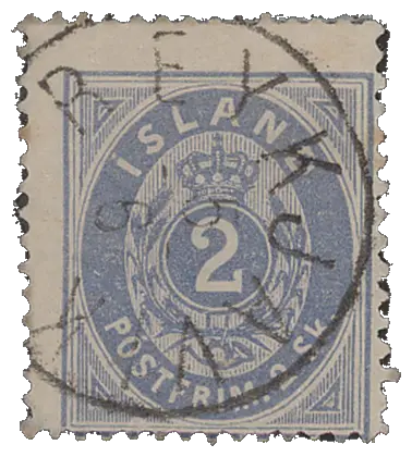 A large numeral under a crown in an oval, under a round postmark; stamp issued by Iceland (under the Danish crown), 1873