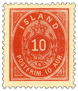 A large numeral under a crown in a red oval; stamp issued by Iceland (under the Danish crown), 1876