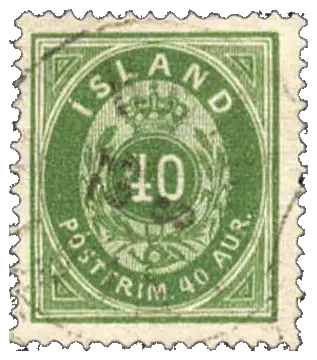 A large numeral under a crown in a green oval; stamp issued by Iceland (under the Danish crown), 1876