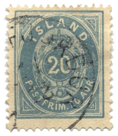 A large numeral under a crown in a blue oval, under a postmark; stamp issued by Iceland (under the Danish crown), 1882