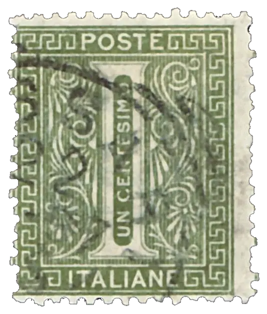 A large numeral one in an ornate green frame; stamp issued by Kingdom of Italy, 1863