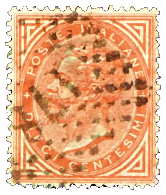 A king’s head in profile, almost hidden by a dotted postmark; stamp issued by Kingdom of Italy, 1863