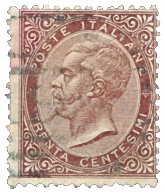 A king in profile in a brown oval of lettering; stamp issued by Kingdom of Italy, 1863