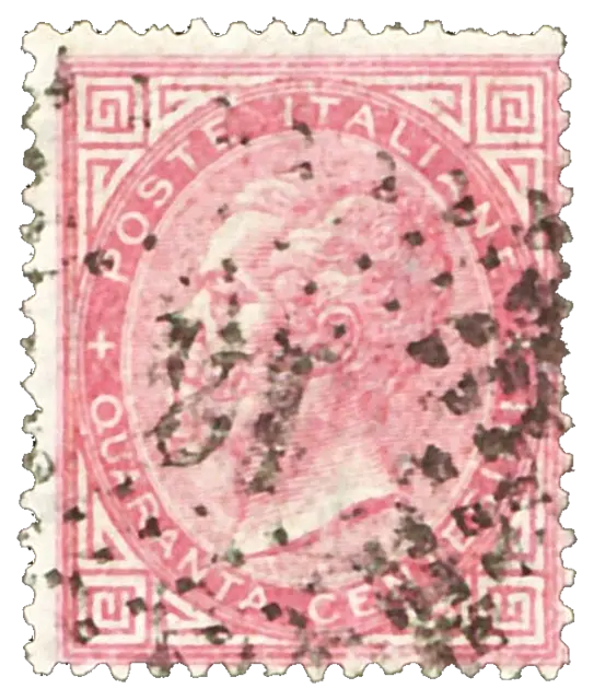 A king’s head in a pink circle, under a dotted postmark; stamp issued by Kingdom of Italy, 1863
