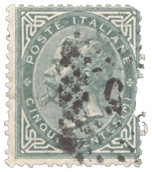 A king in profile in a circle of lettering, under a dotted postmark; stamp issued by Kingdom of Italy, 1863