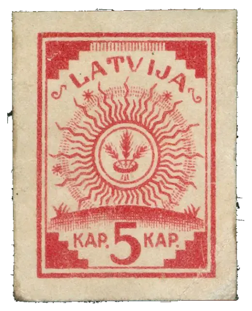 A rising sun emblem in red on cream paper; stamp issued by Republic of Latvia, 1918