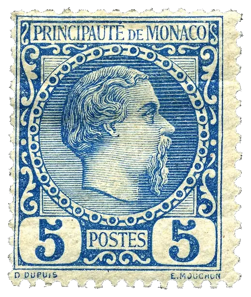 A prince with side whiskers in profile inside a beaded oval; stamp issued by Monaco, 1885