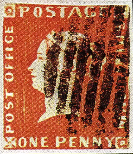 A young queen’s head in profile on an orange-red stamp, heavily barred; stamp issued by Mauritius (British colony), 1847