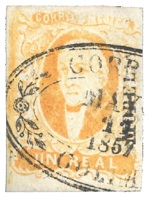 A bald priest with white side hair, in an oval; stamp issued by Mexico, 1856