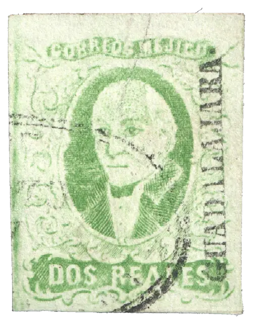 A bald priest with white side hair, in an oval; stamp issued by Mexico, 1856