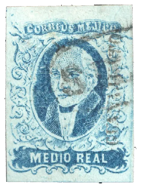 A bald priest with white side hair, in an oval; stamp issued by Mexico, 1856