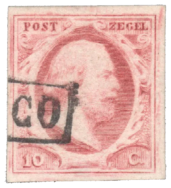 Portrait of a bearded king facing right, with a boxed FRANCO postmark; stamp issued by Kingdom of the Netherlands, 1852