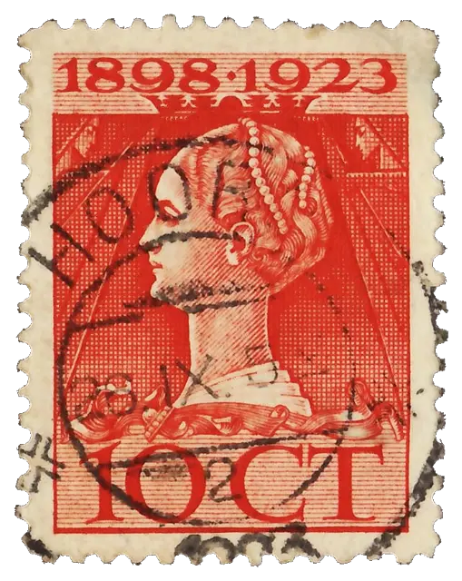 Profile of a young queen with beads in her hair, postmarked; stamp issued by Kingdom of the Netherlands, 1923