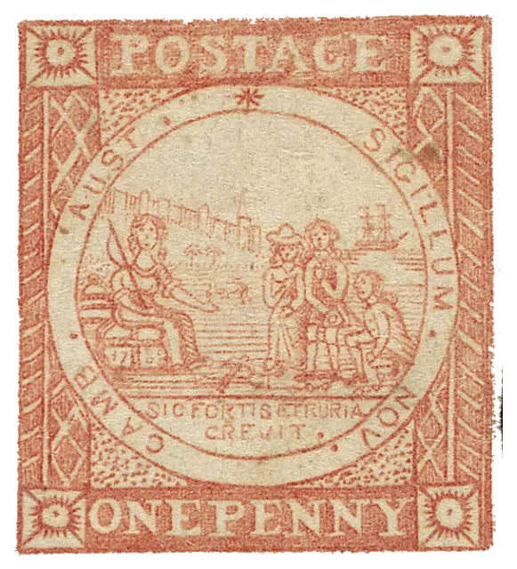 A round seal with figures on a shore, printed in red; stamp issued by New South Wales (British colony), 1850