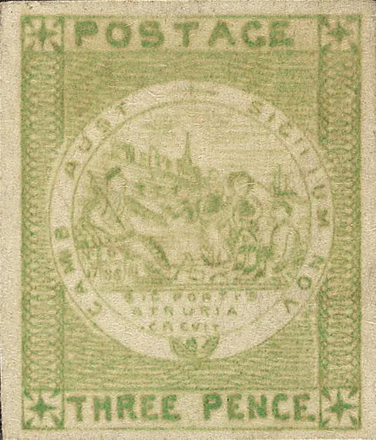A faint round seal with figures, printed in pale green; stamp issued by New South Wales (British colony), 1850
