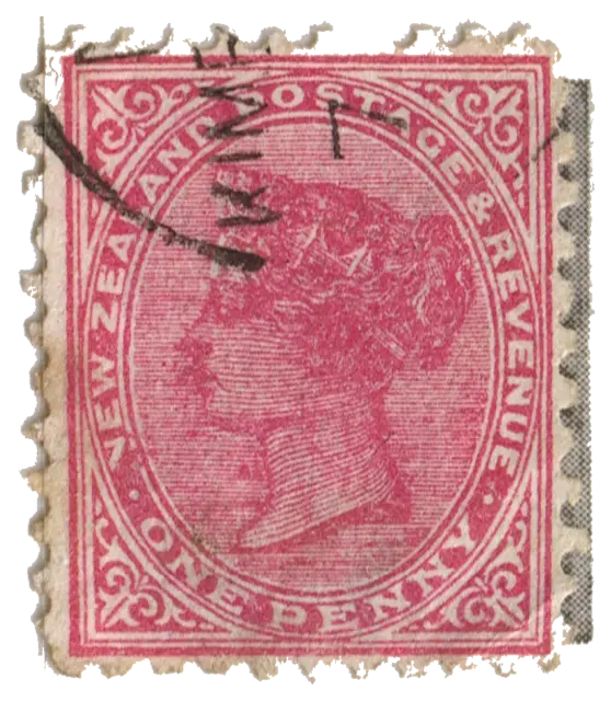 Queen Victoria in profile inside a lettered frame; stamp issued by New Zealand, 1882