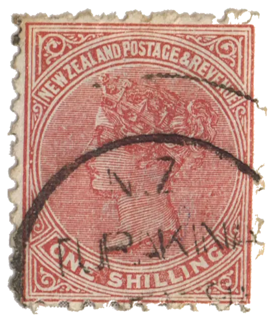 Queen Victoria in profile inside a lettered frame; stamp issued by New Zealand, 1882