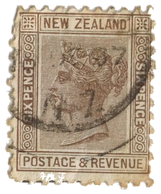 Queen Victoria in profile inside a lettered frame; stamp issued by New Zealand, 1882