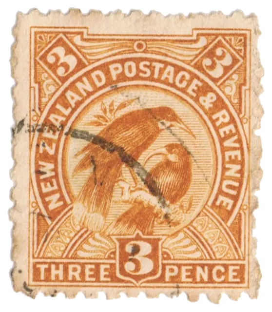 Two long-beaked birds on a branch; stamp issued by New Zealand, 1898