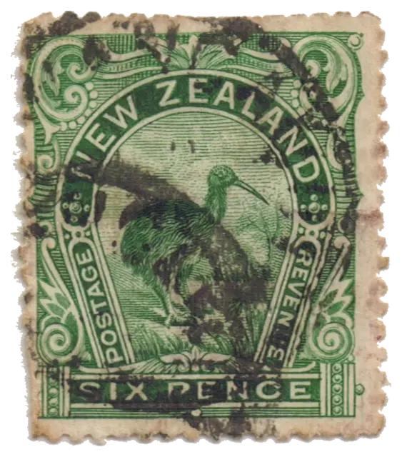 A round flightless bird with a long bill; stamp issued by New Zealand, 1898