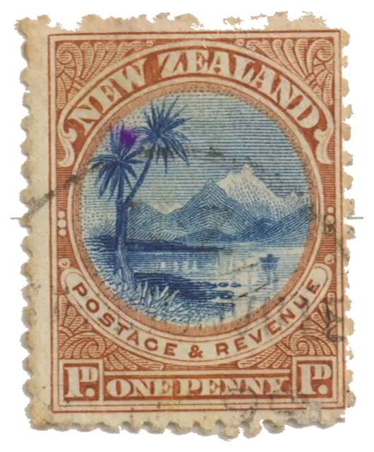 A palm-like tree beside a lake with mountains beyond; stamp issued by New Zealand, 1898