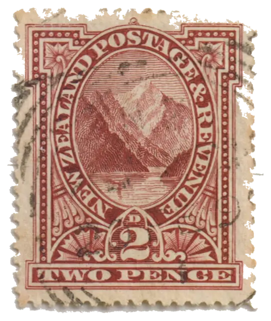 A steep mountain above a fiord, in an oval frame; stamp issued by New Zealand, 1898