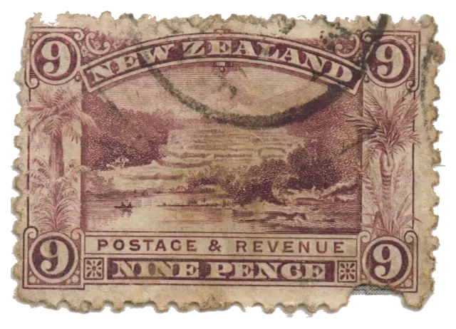 Pale terraces above a lake in a wide frame; stamp issued by New Zealand, 1898
