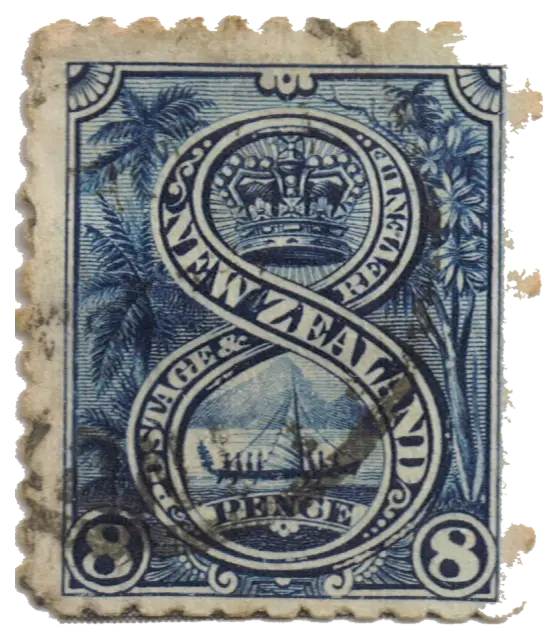 A crown and a canoe inside a large figure eight; stamp issued by New Zealand, 1898