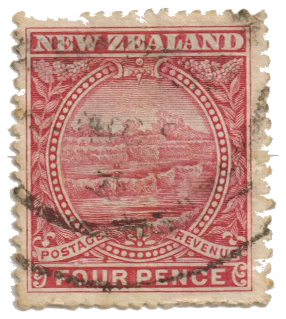 Terraces of white rock above a lake; stamp issued by New Zealand, 1898