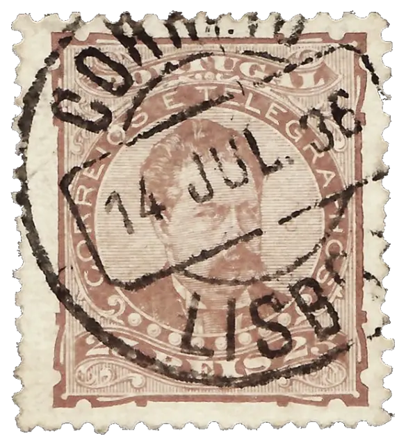 A king’s portrait in an ornate frame, almost hidden by a large round postmark; stamp issued by Portugal, 1882