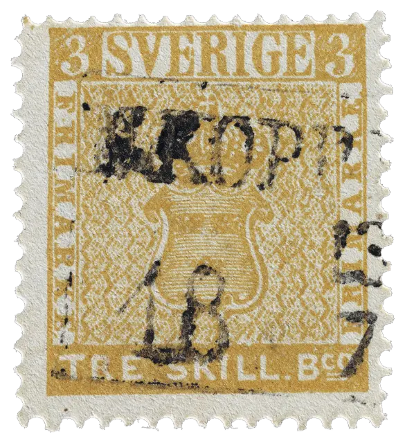 A yellow stamp with a crowned coat of arms and a black postmark; stamp issued by Kingdom of Sweden, 1855
