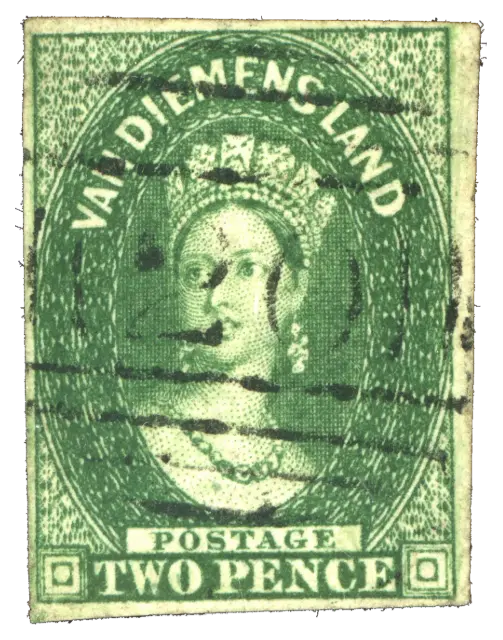 A young queen facing forward, wearing a crown, printed in green; stamp issued by Van Diemen’s Land (British colony, renamed Tasmania in 1856), 1855