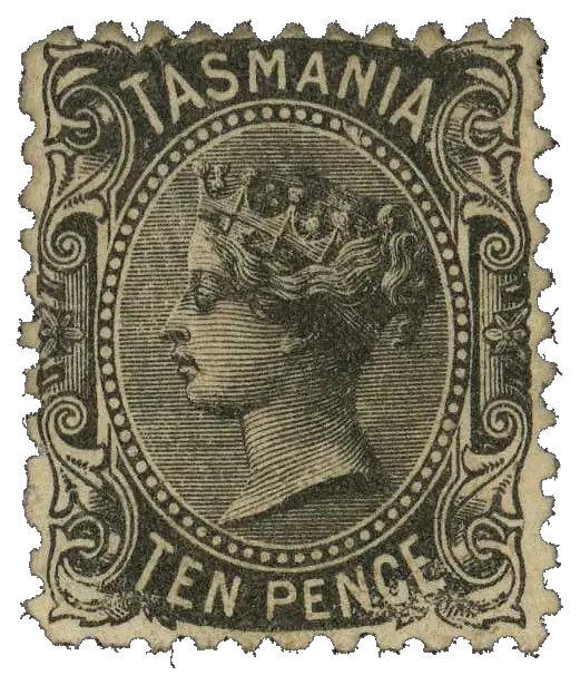 A queen in profile in an oval of beads, printed in black; stamp issued by Tasmania (British colony), 1870
