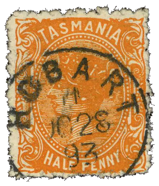 A queen’s head almost hidden by a round postmark, printed in orange; stamp issued by Tasmania (British colony), 1891