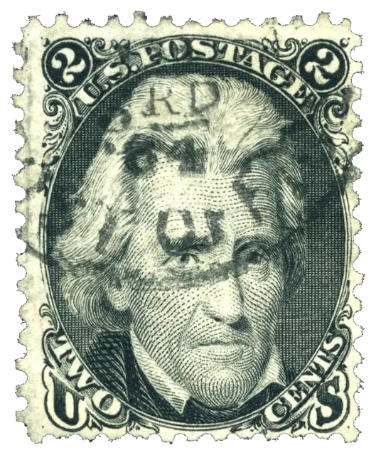A large portrait of a stern man with swept-back hair, printed in black; stamp issued by United States, 1863