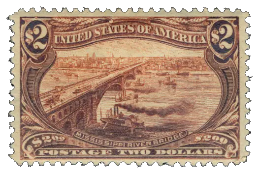 A long arched bridge over a busy river; stamp issued by United States, 1898