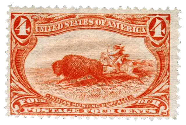 A hunter on horseback chasing a bison; stamp issued by United States, 1898