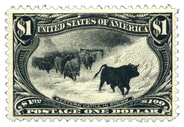 Cattle bracing against a snowstorm; stamp issued by United States, 1898