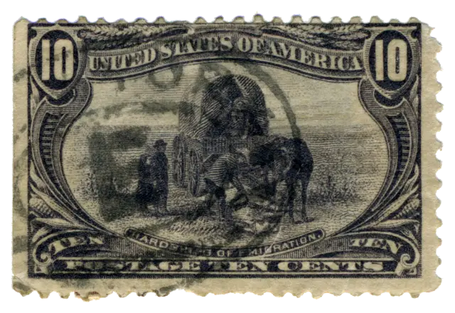 A covered wagon and a family on rough ground; stamp issued by United States, 1898