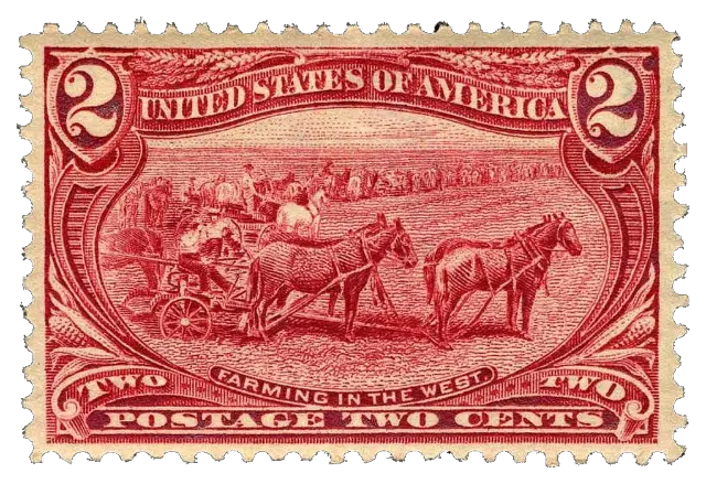 Teams of horses pulling ploughs across a wide field; stamp issued by United States, 1898