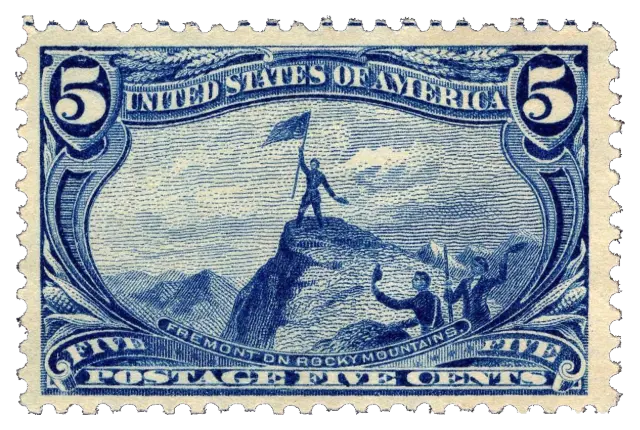 A man planting a flag on a rocky summit; stamp issued by United States, 1898