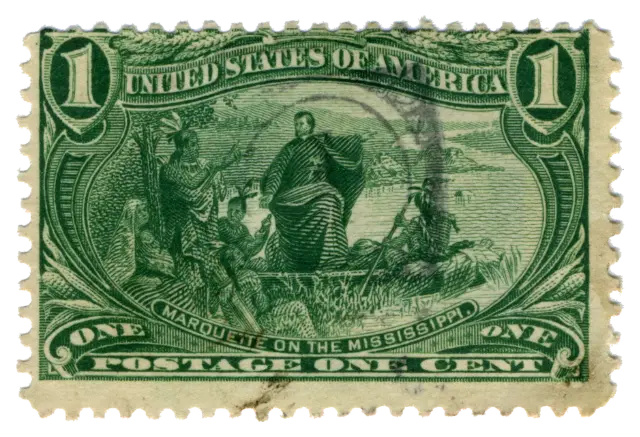 An explorer standing among companions beside a river canoe; stamp issued by United States, 1898
