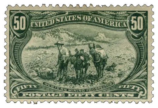 A prospector leading pack animals; stamp issued by United States, 1898