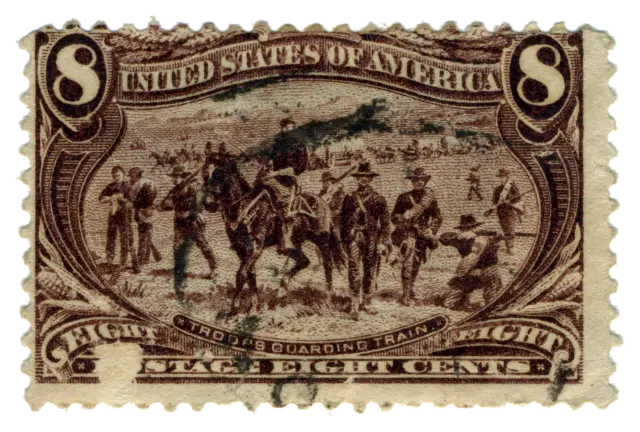 Mounted soldiers escorting a line of wagons; stamp issued by United States, 1898