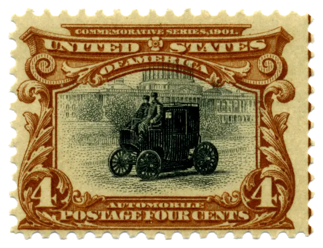 An early motor car with two passengers; stamp issued by United States, 1901