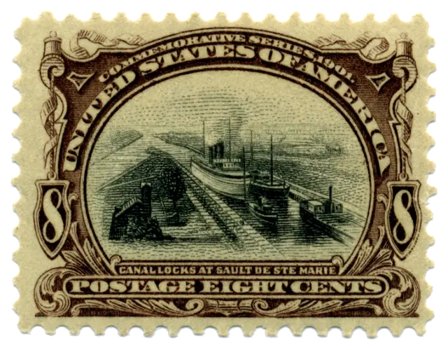 Ships in parallel canal locks; stamp issued by United States, 1901