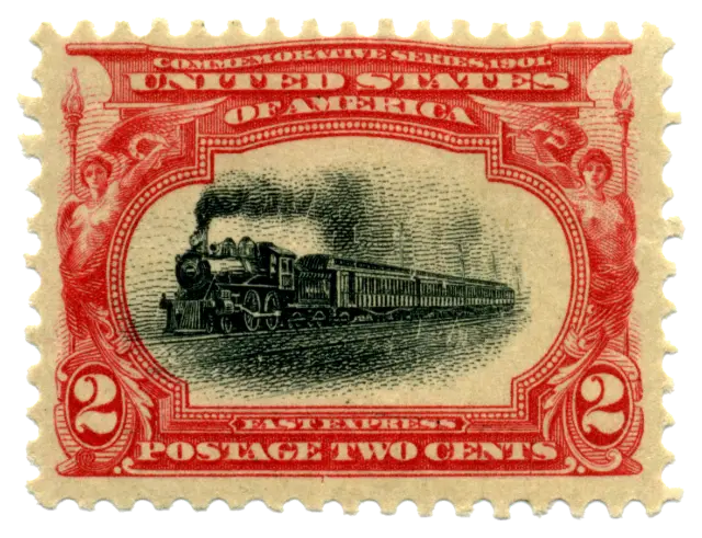 A steam locomotive pulling an express train; stamp issued by United States, 1901