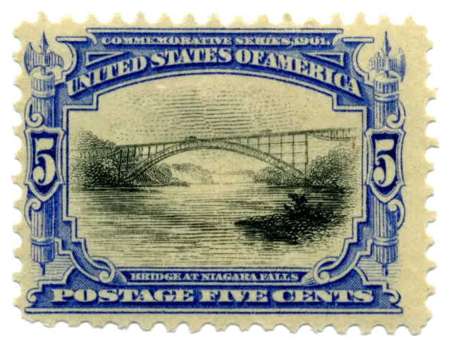 A steel arch bridge across a river gorge; stamp issued by United States, 1901