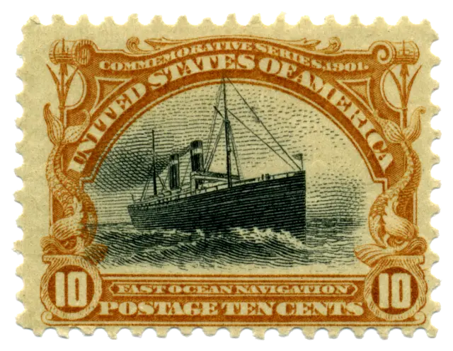 An ocean liner ploughing through waves; stamp issued by United States, 1901