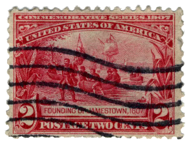 Settlers wading ashore from a boat, with ships behind, under wavy cancel lines; stamp issued by United States, 1907